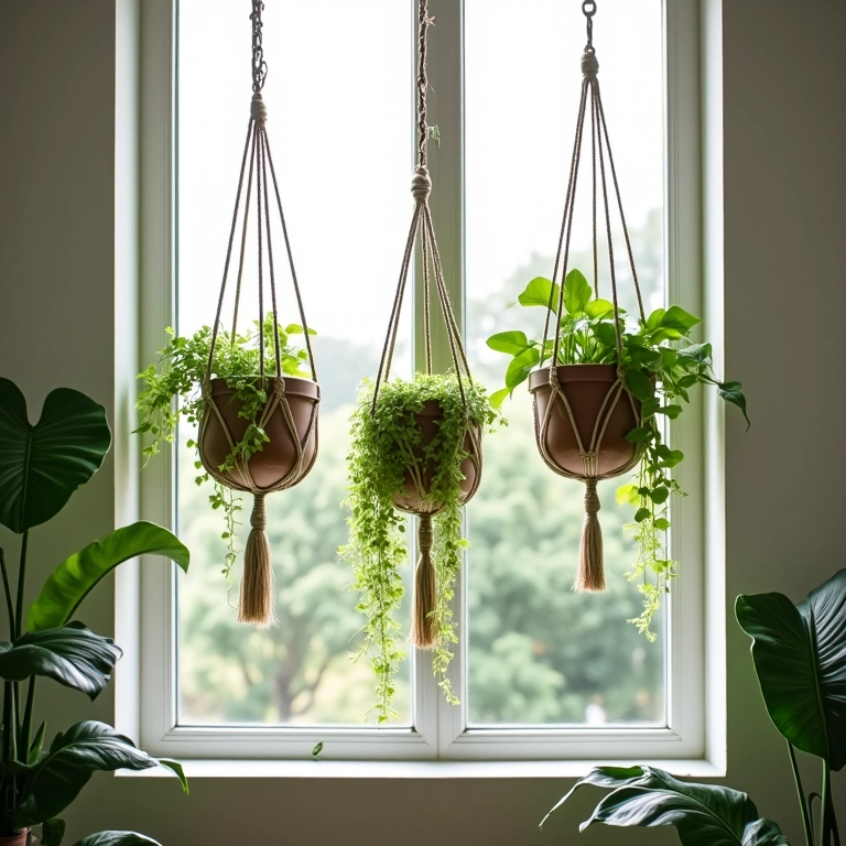 Vasos suspensos com plantas pendentes adornando uma janela de apartamento.