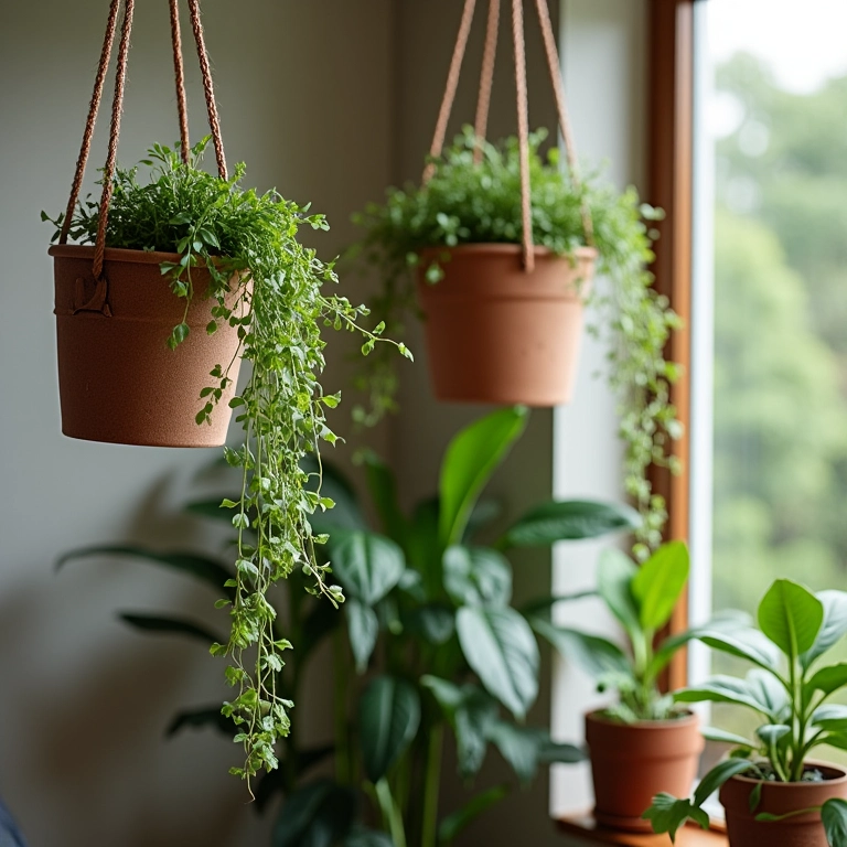 Vasos suspensos com plantas pendentes decorando canto de sala.