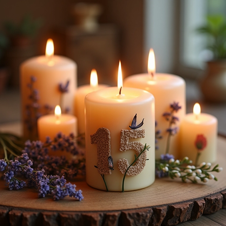 Velas aromáticas decoradas com flores secas como lembrancinhas de 15 anos.