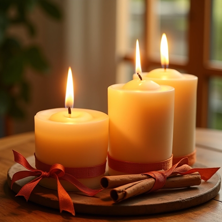 Velas decoradas com canela e fitas para a noite de Natal.