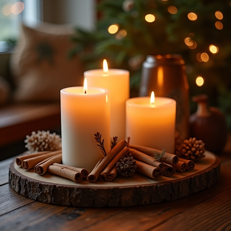 Velas decoradas com canela para um Natal rústico e cheiroso.