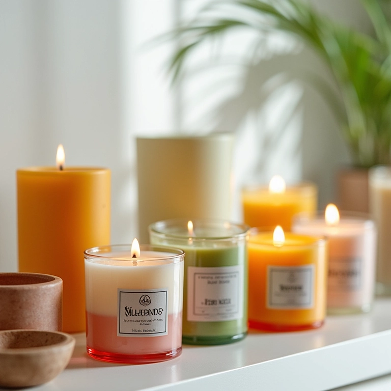 Velas decorativas e aromáticas de diferentes cores e formatos expostas em uma prateleira.