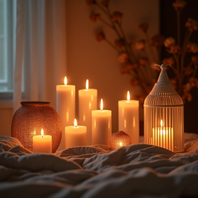 Velas e luminárias decorativas criando um ambiente romântico no quarto de casal.