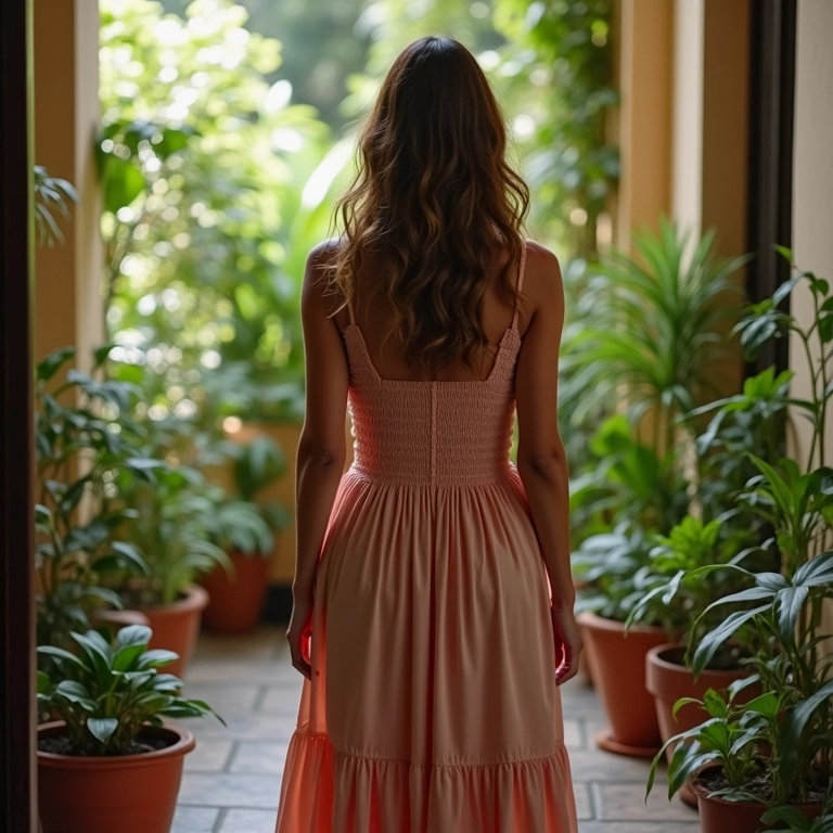 Vestido com corte império valorizando o busto e disfarçando a barriga.