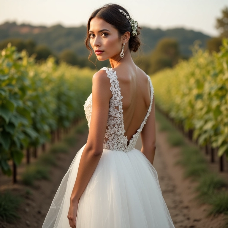 Vestido evasê romântico para casamento no civil.