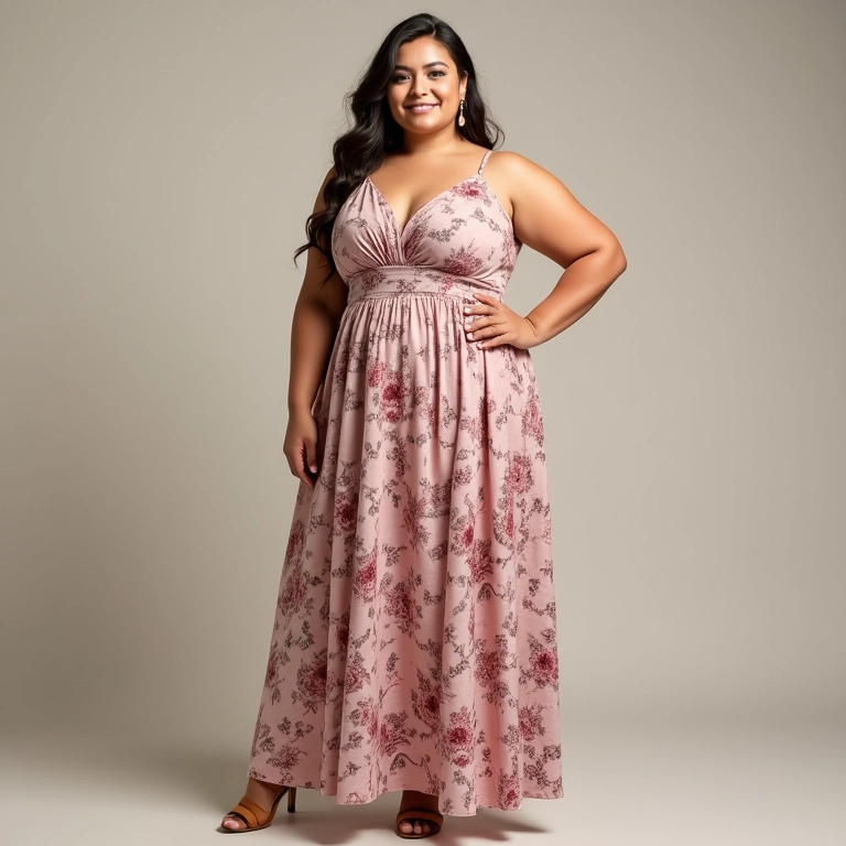 Vestido floral com caimento perfeito valorizando silhueta plus size.