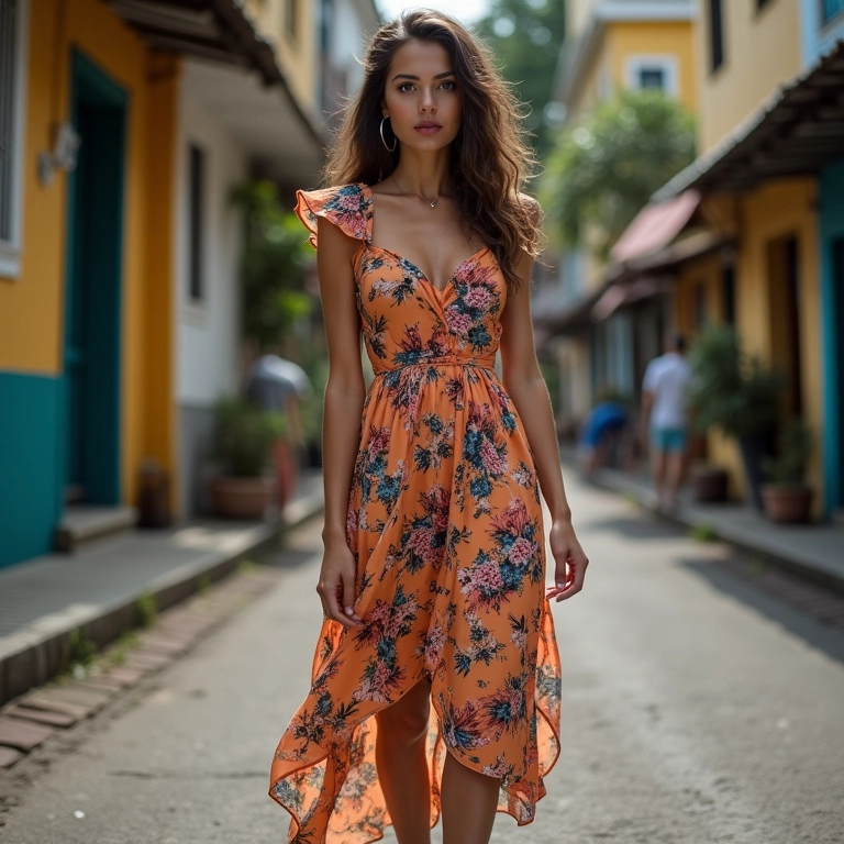 Vestido floral combinado com diferentes sapatos.