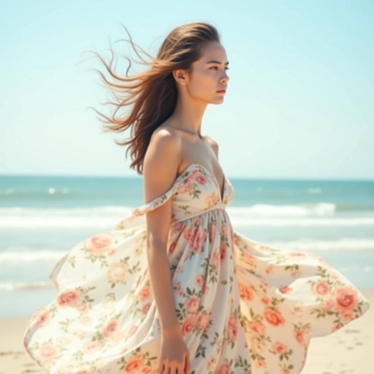 Vestido floral leve e fluido ao vento.