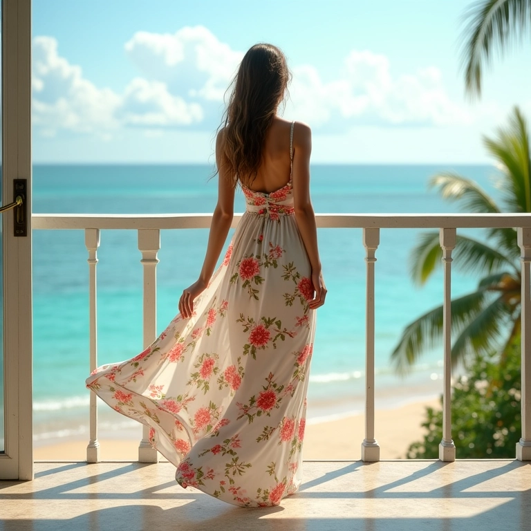 Vestido floral leve e fluido com vista para praia tropical.