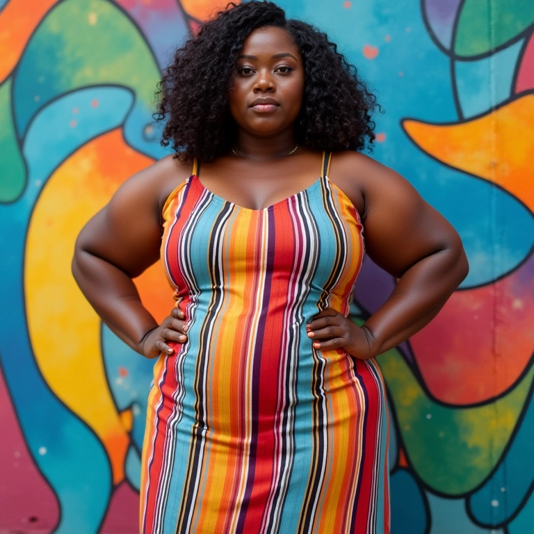 Vestido listrado vertical em mulher plus size, efeito alongador.