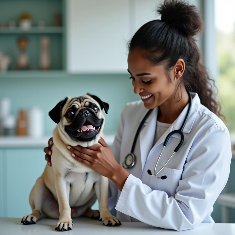 Veterinária examinando um pug feliz em um consultório com iluminação natural.