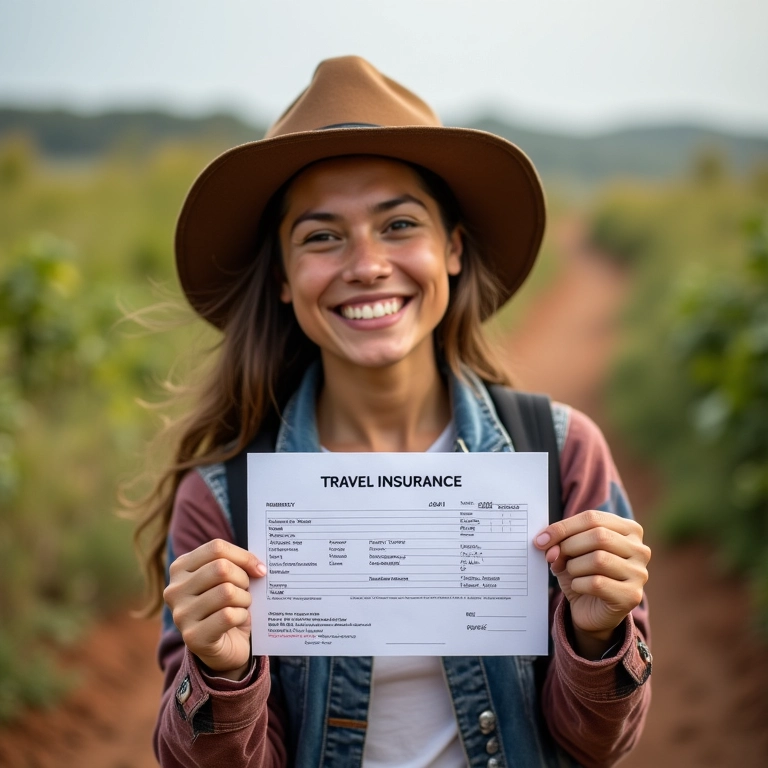 Viajante sorrindo segurando um documento de seguro viagem.