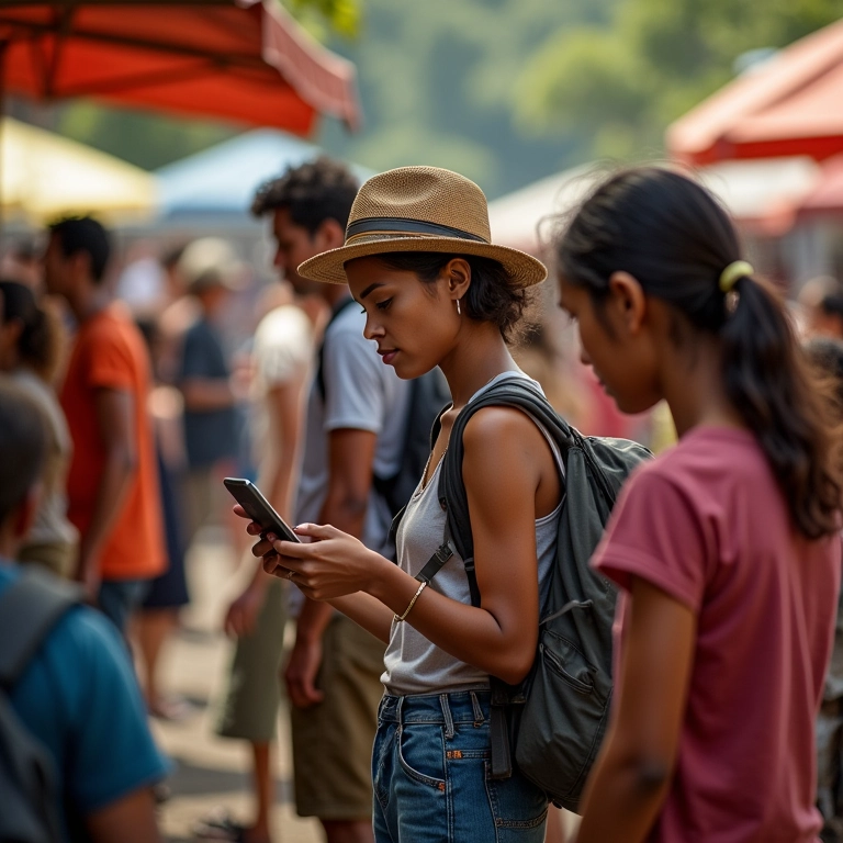 Viajante usando aplicativo de tradução em mercado brasileiro.