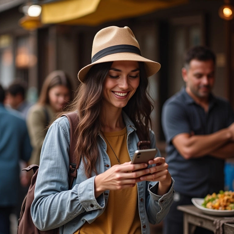 Viajante usando aplicativo de tradução no celular enquanto interage com vendedor local.