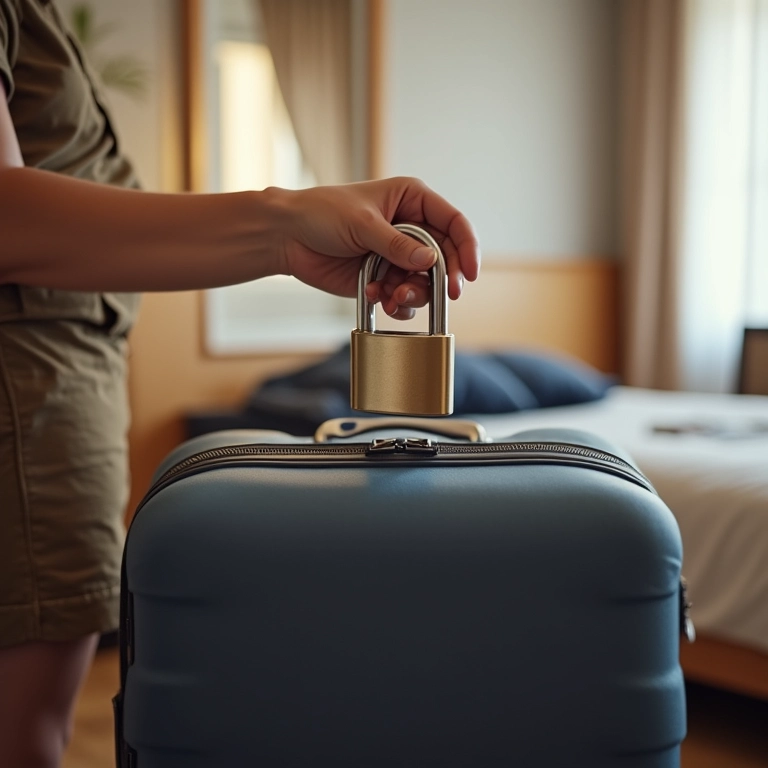 Viajante usando cadeado de segurança na mala em um quarto de hotel.