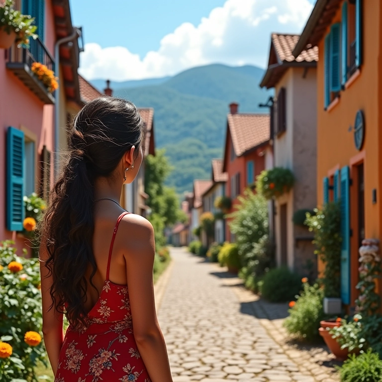 Vila da Alsácia com casas coloridas e mulher brasileira.