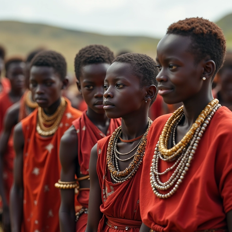 Vila Zulu com pessoas vestidas tradicionalmente.