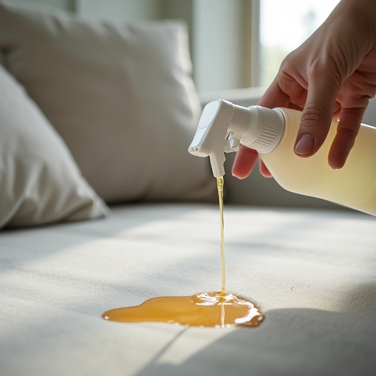 Vinagre branco sendo aplicado em mancha de sofá, ação desinfetante.