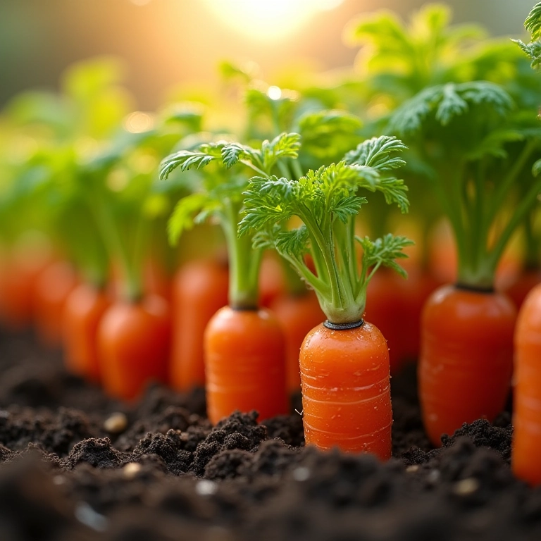Visão aproximada de um jardim de cenouras vibrante e saudável.