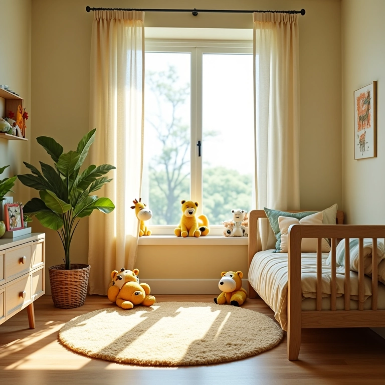 Visão geral de um quarto de bebê safári bem decorado e iluminado.