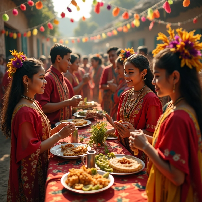 Visão geral vibrante de uma festa junina com decoração colorida e comidas típicas.