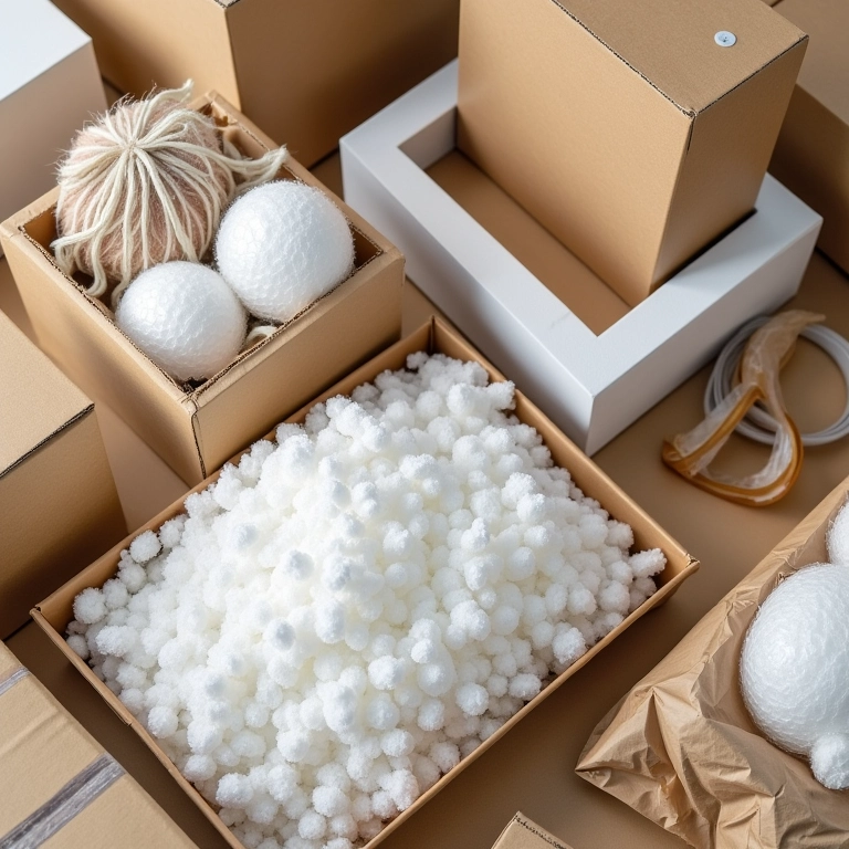 Visão superior de materiais de embalagem: plástico bolha, caixas de papelão, fitas adesivas.