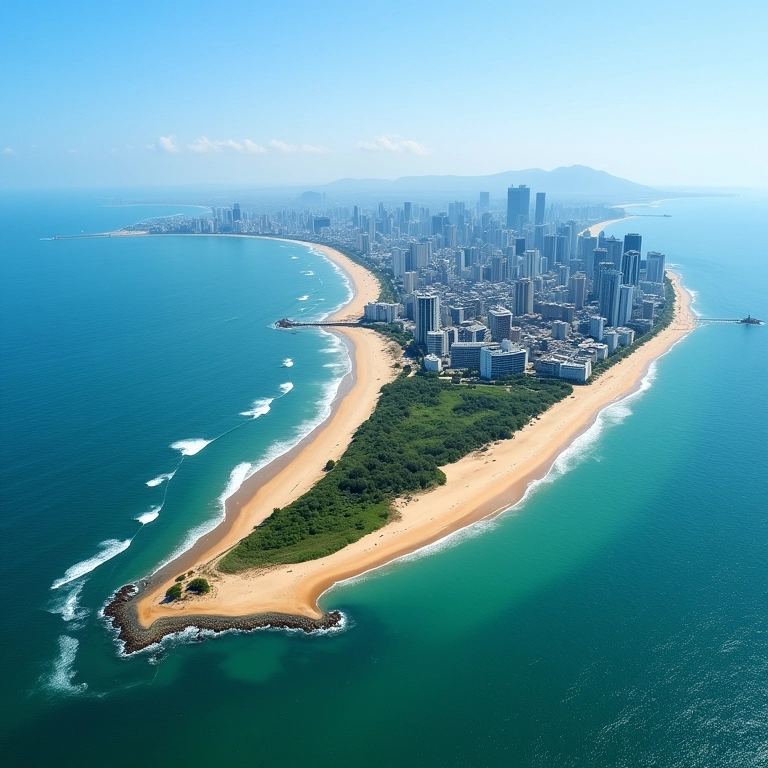 Vista aérea da orla de Aracaju, com praias vibrantes e skyline da cidade.