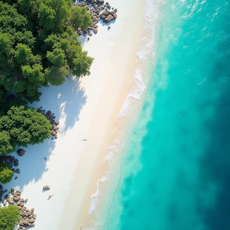Vista aérea deslumbrante de praia de areia branca e mar turquesa no Brasil.