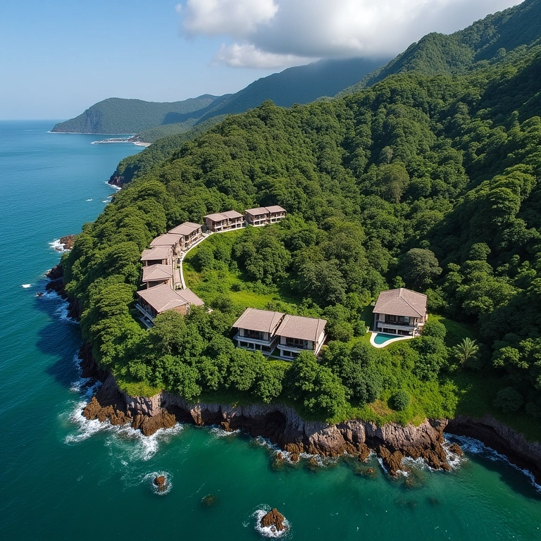 Vista aérea do Ponta dos Ganchos Exclusive Resort em Santa Catarina.