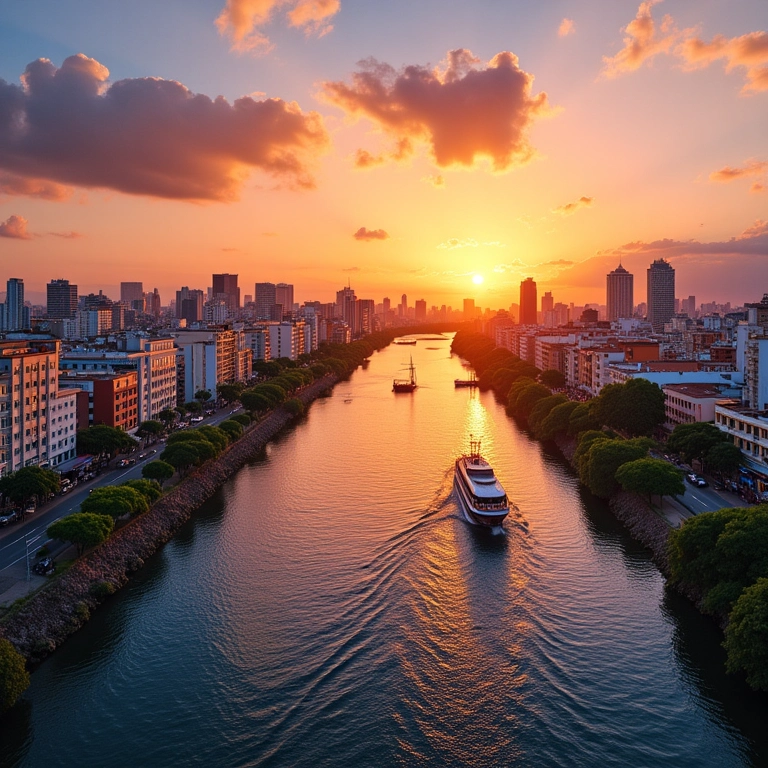 Vista colorida do Recife ao pôr do sol, com edifícios coloniais e o rio Capibaribe.