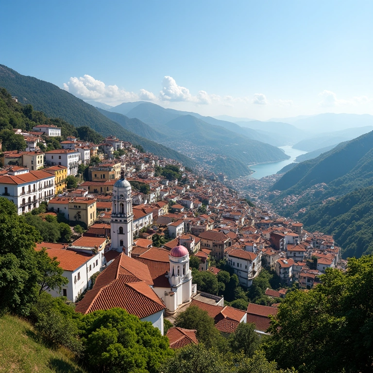 Vista panorâmica de Ouro Preto, destacando a arquitetura colonial e igrejas barrocas sob um céu ensolarado.