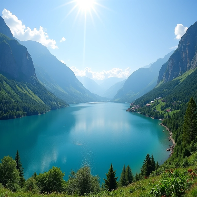 Vista panorâmica de um lago suíço turquesa em dia ensolarado.