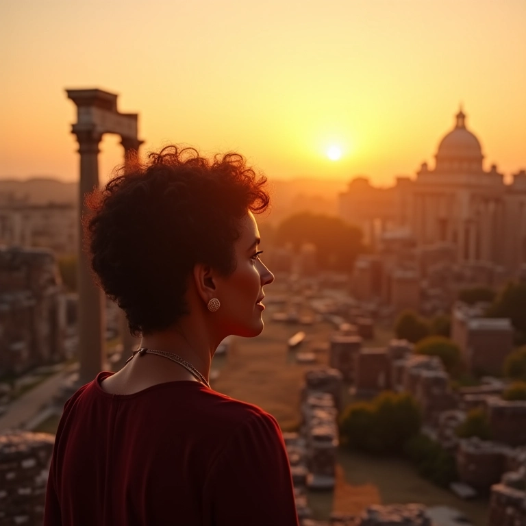 Vista panorâmica do Fórum Romano ao entardecer.