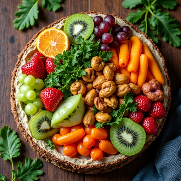 Vista superior de uma refeição colorida e saudável com frutas e vegetais.
