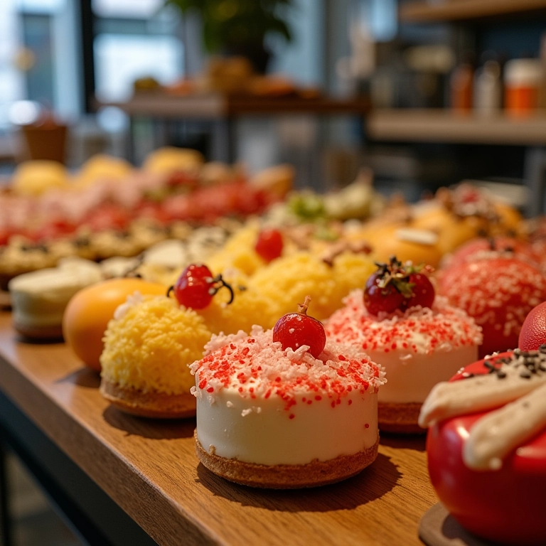 Vitrine colorida com doces japoneses e coreanos em cafeteria de SP.