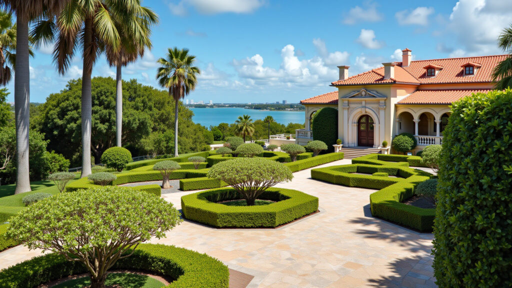 Vizcaya Museum & Gardens, Miami. Renaissance architecture, lush gardens, Biscayne Bay view, Vizcaya: Palácio renascentista com jardins exuberantes em Miami.