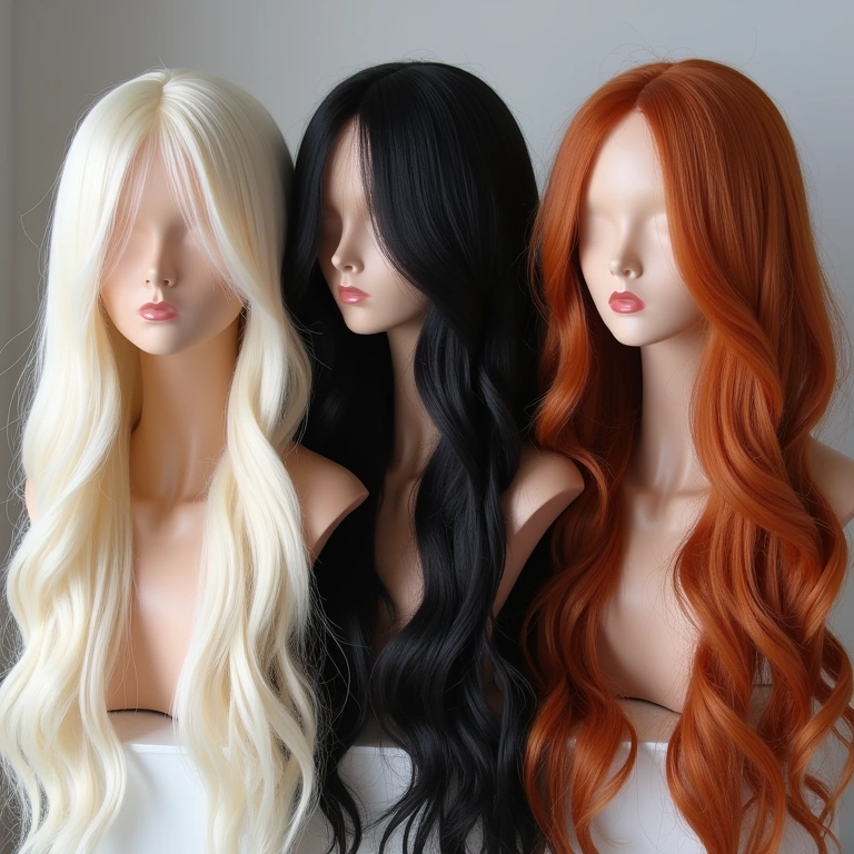 Wigs in platinum blonde, black, auburn, studio display, color swatches, 8K quality, sharp focus, Perucas loiro platinado, preta e ruiva.