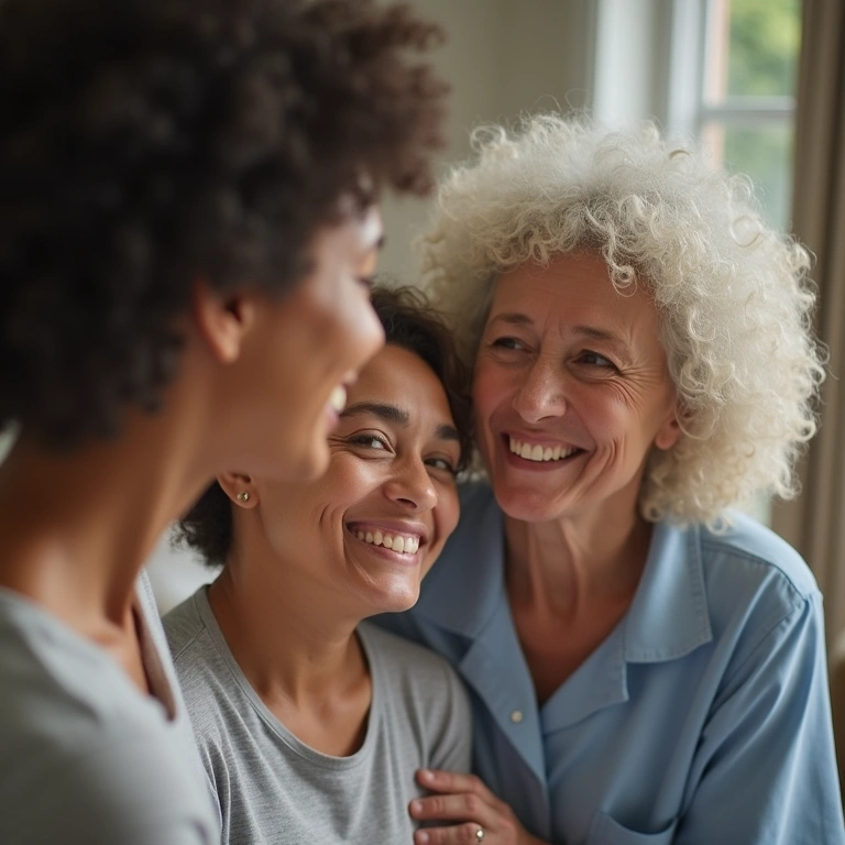 Woman after chemo, smiling, wearing natural looking wig, supportive family, home environment, 8K Mulher em quimioterapia usando peruca natural.