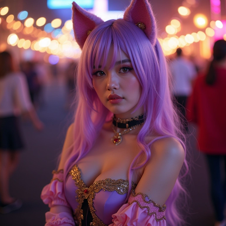 Woman cosplaying, vibrant wig, fantasy costume, party setting, professional photography, 8K Mulher fazendo cosplay com peruca colorida.