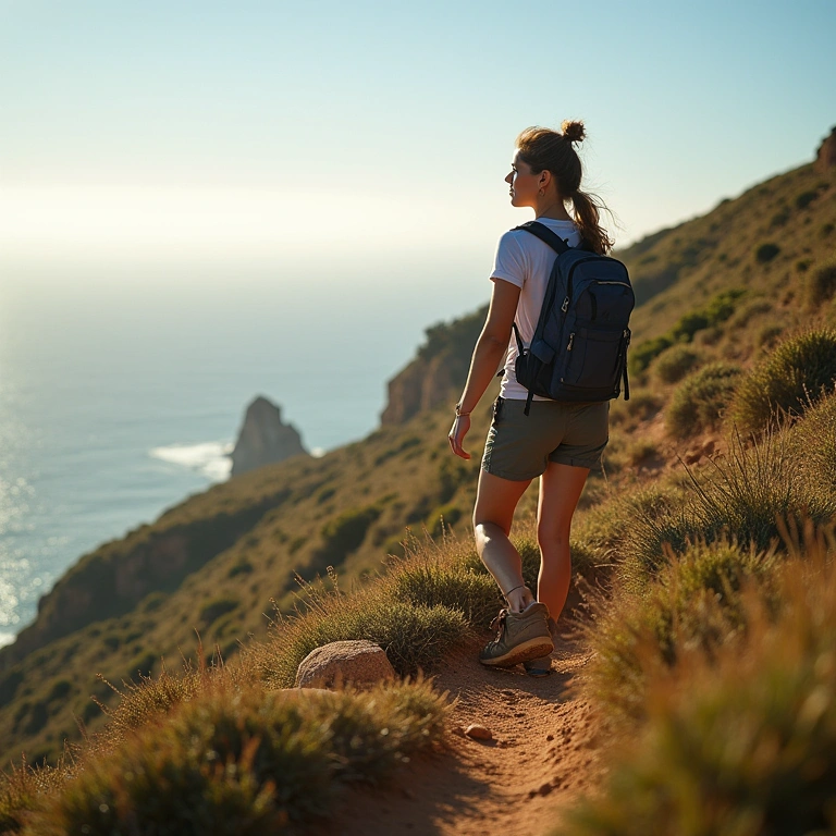 Woman hiking Rota Vicentina, Portugal, natural lighting, 8K quality, sharp focus, hyper-realistic, Mulher fazendo trilha na Rota Vicentina, Portugal.