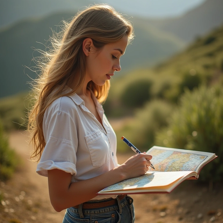 Woman planning solo trip to Portugal with map, travel guides, 8K quality, natural light, Farm Rio Mulher planejando viagem solo para Portugal.