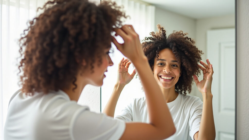 Woman preparing her curly hair for plopping, applying leave-in conditioner, bright bathroom, Preparando o cabelo cacheado para o plopping.
