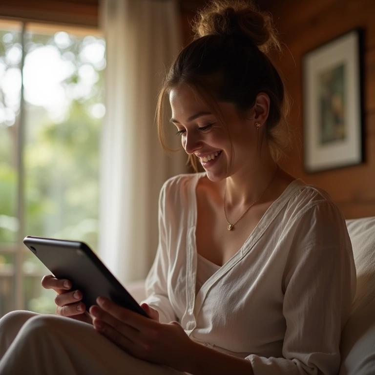 Woman reading reviews of Imbituba hotels on a tablet, smiling. Cozy room, natural light. Lifestyle Mulher lendo avaliações de hotéis em Imbituba online.