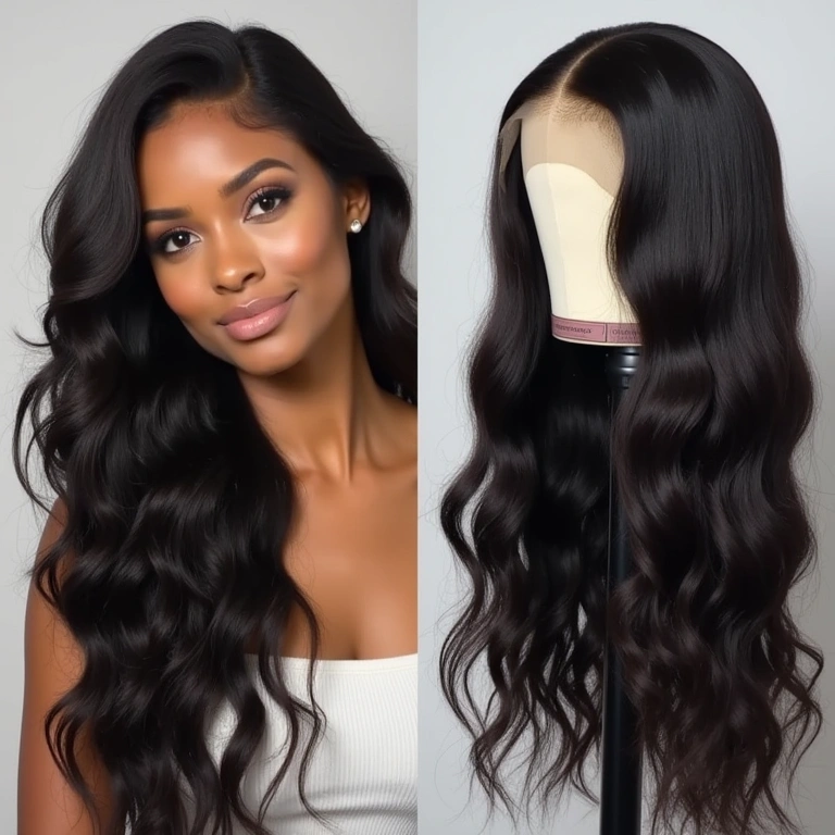 Woman showing full lace wig and front lace wig, studio setting, product detail, 8K quality, sharp Peruca full lace vs peruca front lace.