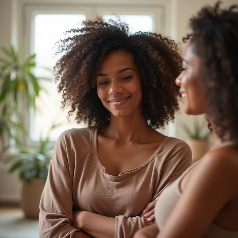 Woman transitioning hair, wearing curly wig, supportive friends, bright interior, lifestyle Mulher em transição capilar usando peruca.