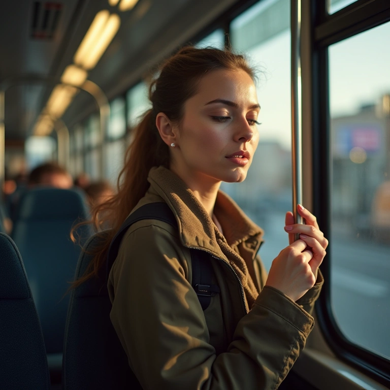 Woman using public transport in Portugal, 8K quality, natural lighting, sharp focus, Mulher usando transporte público em Portugal.