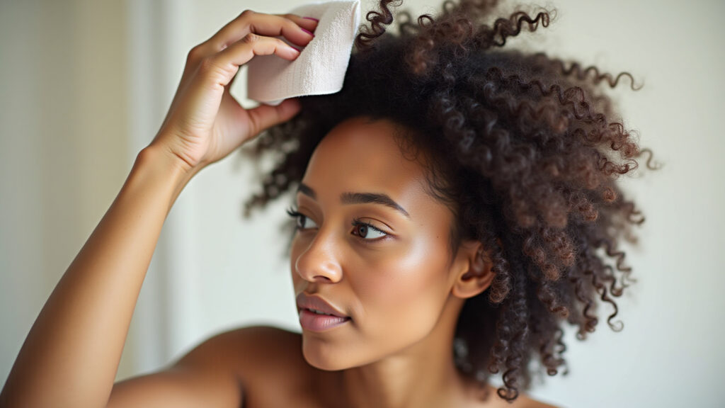 Woman with coily hair using microfiber towel for plopping, showing definition, natural light, 8K Plopping para cabelo crespo.