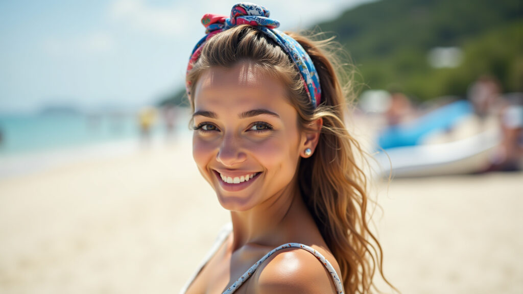 Woman with colorful scarf in hair, beach setting, summer vibe, lifestyle photography, 8K quality, Lenço colorido no cabelo, toque de cor.