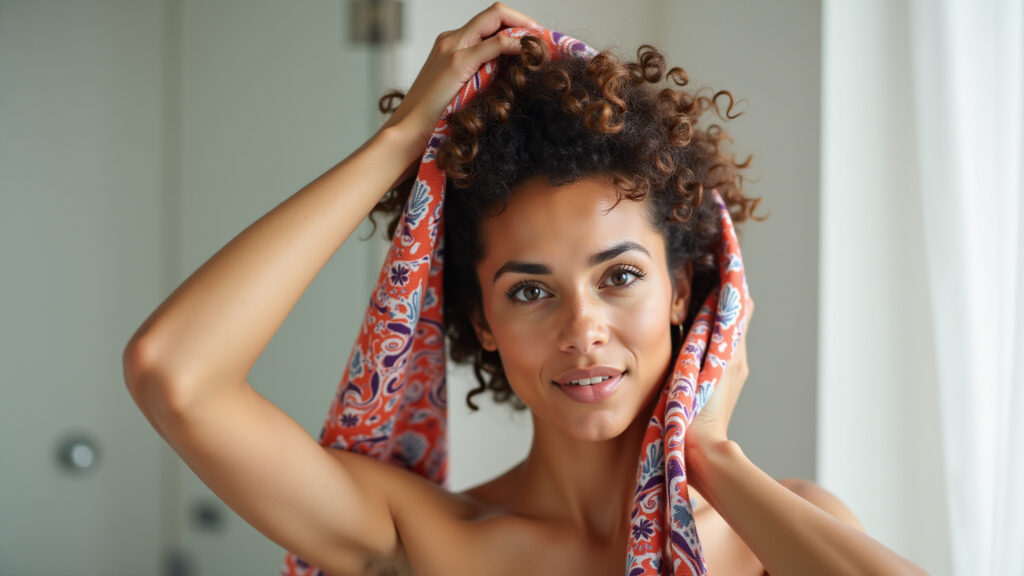 Woman with curly hair demonstrating plopping technique with a vibrant patterned towel, natural Cacheada fazendo plopping com toalha colorida.