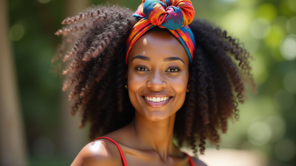 Woman with curly hair wearing a colorful turban, natural light, professional photography, 8K Cacheada estilosa com turbante colorido.